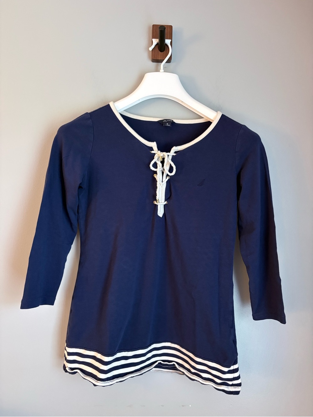 Nautica Small Navy Blue Lace Up Nautical Top 3/4 Sleeve Striped Hem Cotton